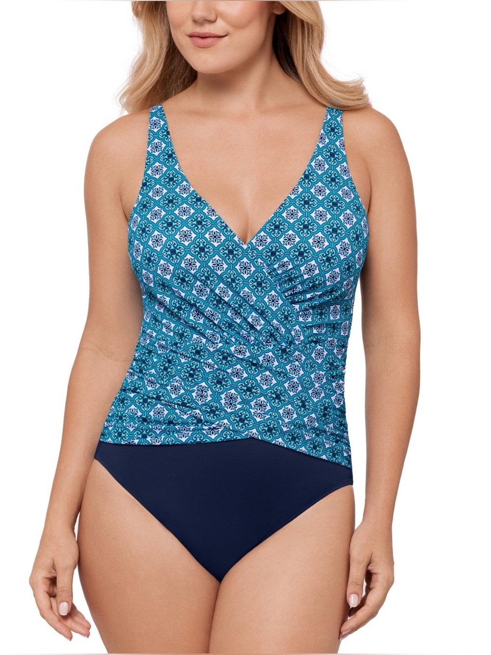 Swim Solutions Women's Surplice Tummy-Control One-Piece Swimsuit. R9B